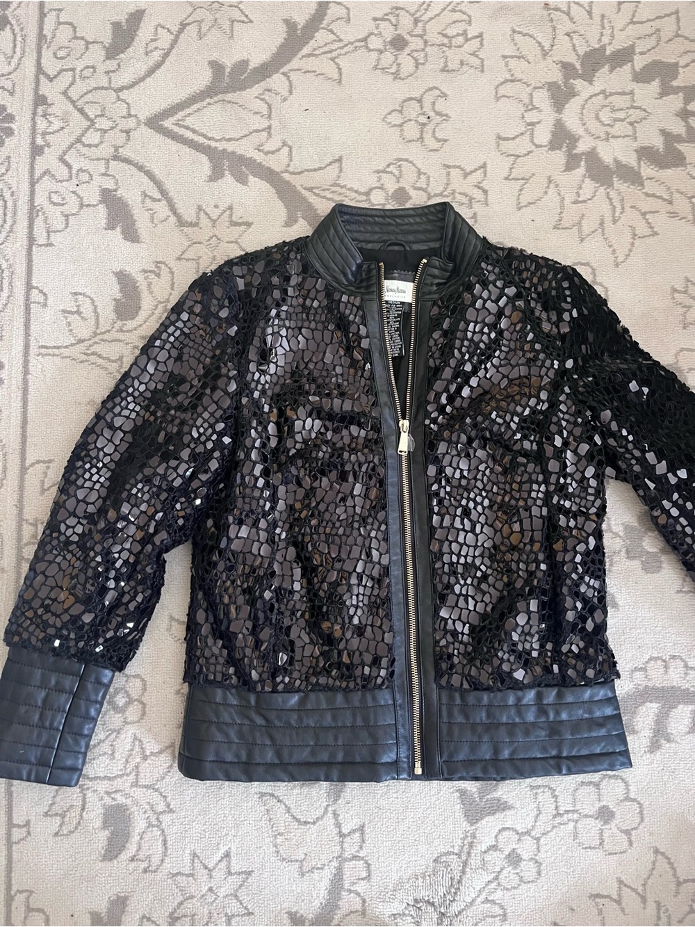 Neiman Marcus Black Sequin faux fur Bomber Jacket size medium- Womens